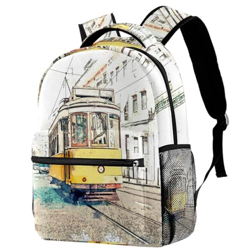 Sac à dos d'école multicolore motif vieux tram 29x20x40cm pour ados