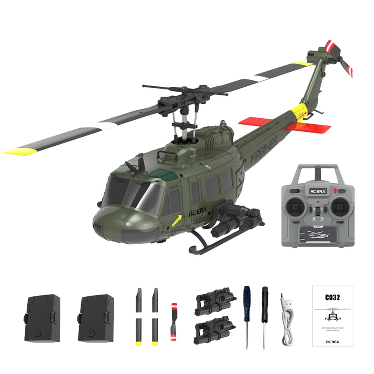 BuildCubes UH-1 RC Helicopter for Adults, 1/48 C032 RC Helicopter, 2.4G 6CH Flybarless Stunt RC Military Helicopter, Optical Flow Positioning Reverse Flight, Gift -RTF