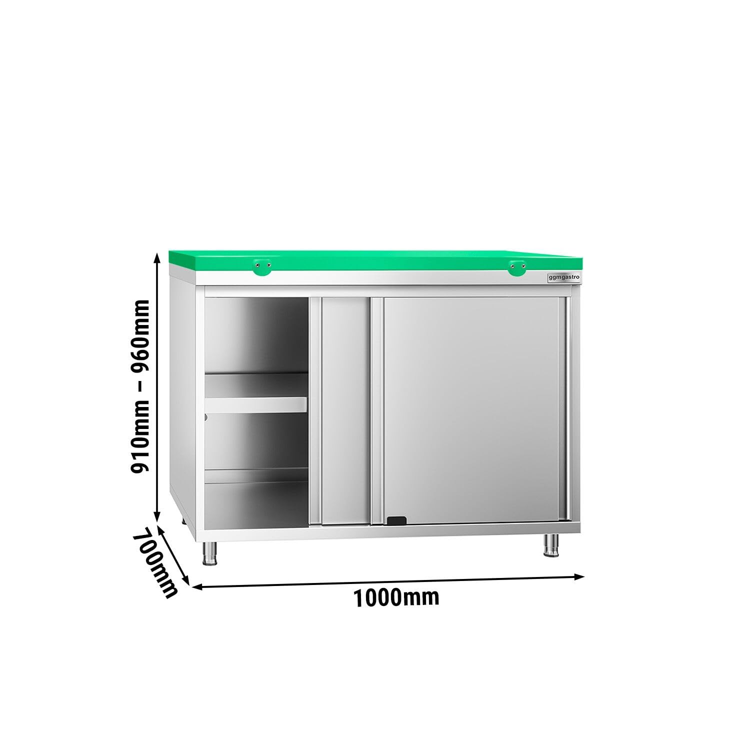 GGM Gastro | ASK107#FKPWT107 | Edelstahl Arbeitsschrank PREMIUM - 1000x700mm - mit Schiebetür - inkl. Schneideplatte Grün