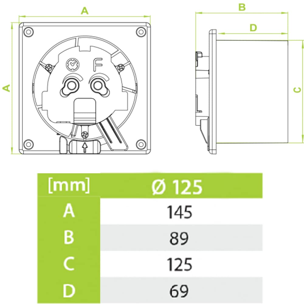 F.H. ANA Designerski wentylator łazienkowy, wentylator ścienny z czujnikiem wilgotności + dopływ Ø 125 mm, dekoracyjna płyta przednia, łożysko kulkowe, cichy (średnica: Ø 125 mm, prawdziwe szkło