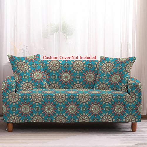 Image of House of Quirk Polyester Blend Mandala Print Universal Big Elasticity Flexible Stretch Double Seater Couch /Sofa Cover Slipcover ( 145-185cm , Turquoise)