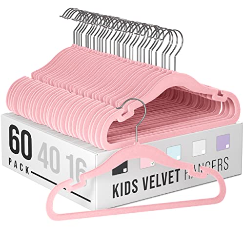 Image of Clothes Baby Hangers for Closets - Unique Notches for Non Slip. Heavy-Duty Velvet Kids & Toddler Hangers for Closet | Ultra Thin Design for Space Saving. Ganchos De Ropa para Bebe (60 Pack Pink)