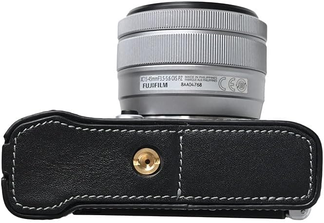 X-M5 Case, Handmade Genuine Real Leather Half Camera Case Bag Cover for Fujifilm X-M5 Bottom Opening Version + Neck Strap (Black)