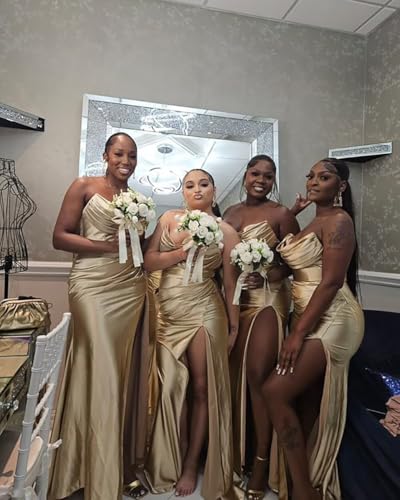 Strapless Satin Prom Dress 2025 Long Mermaid Bridesmaid Dresses for Women Ruched Formal Evening Gowns with Slit WO0754