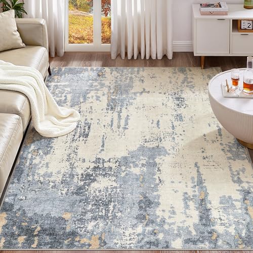 5x7 Area Rug Living Room Rugs - Washable Neutral Modern Abstract Soft Thin Rug Indoor Floor No Slip Rug Carpet for Bedroom Under Dining Table Home Office Decor - Blue/Light Brown