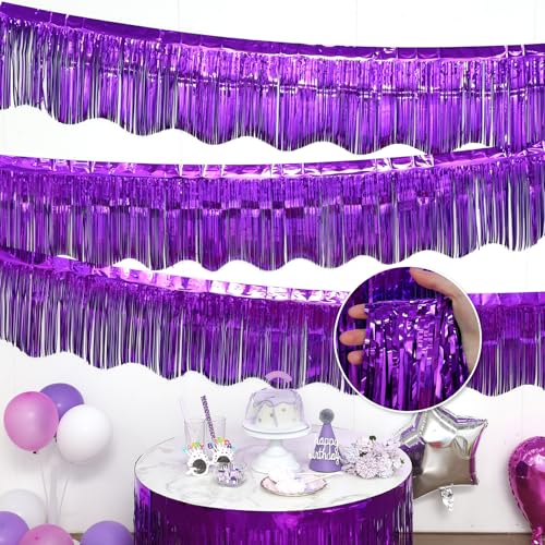 Image of LOLStar Purple Foil Fringe Tinsel Garland, Tinsel Streamers Banner, 6 Pack | 60Ft Tinsel Streamers, Shiny Purple Wall Hanging Tinsel Fringe Banners for Graduation, Parade Float, Halloween Party Decor