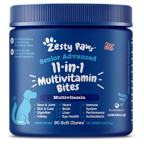 Zesty Paws Senior Dog Multivitamin Treats - Glucosamine for Dogs + Digestive Enzymes & Probiotics - Grain Free Dog Vitamins for Skin & Coat + Immune Health - Beef - Advanced - 90ct
