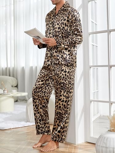 WDIRARA Men's Satin Leopard Lapel Neck Button Down Long Sleeve Top and Pants 2 Piece Pajama Set3