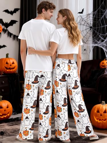 RMCMS Couples Cute Halloween Ghost Pumpkin Print Pajama Pants Sleep Lounge Pjs Bottoms with Pockets3