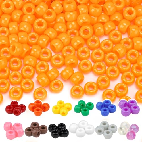 Dowsabel Orange Pony Beads Bulk 1000 Pcs 6x9mm Large Hole Kandi Hair Beads for Braids Bracelets DIY Friendship Bracelets Necklaces Jewelry Making Crafts and Gifts