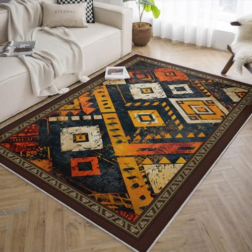 Tapis fin 160x230cm géométrique rustique marron antidérapant