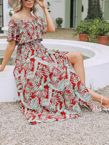 Image of CUPSHE Women Ruffle Floral Maxi Summer Dress Off Shoulder Short Sleeve Backless Flounce Bodice Slit Hem Beach Dresses