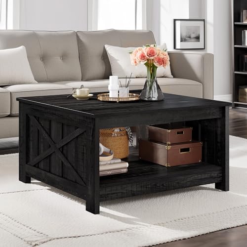 DWVO Square Coffee Table for Living Room, Farmhouse Coffee Table with Storage, 2-Tier Wood Coffee Tables Center Table with Half Open Storage Compartment, Black
