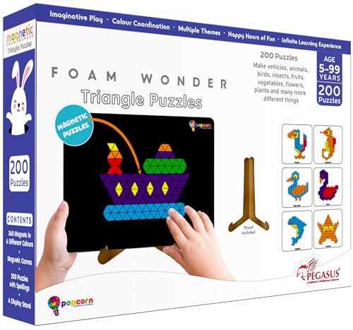 Image of Popcorn Triangle Puzzle for Kids for Age 5+ Years, Magnetic 200 Foam Wonder Puzzles, Imagination Shape, Animals, Fruits, Flowers, with Display Stand, Creative, Educational Activity for Kid