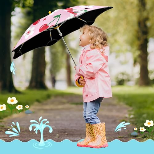 Paraguas para niños con tira reflectante de seguridad y estampado de cerezos resistente al viento 7