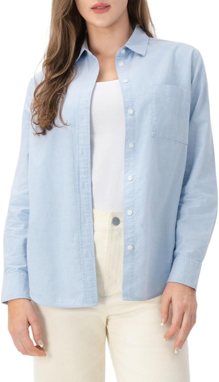 Women's Button Down Shirts Work Office Business Blouses Soft Casual Oversized Style Boyfriend Tops with Pockets