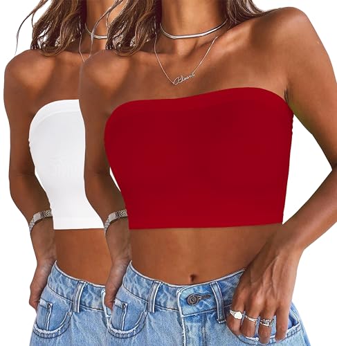 Womens Tube Tops Summer Bandeau Casual Crop Top Going Out Strapless Tank Basic Short Shirt(2 Pieces White,Red,One Size Regular)
