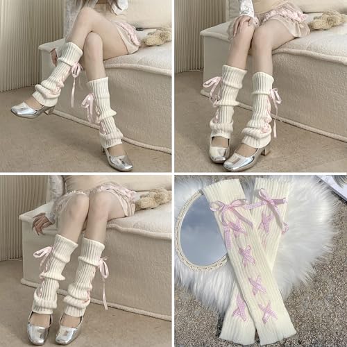 Image of Triplewood Y2K Warm Long Leg Warmers for Women White Knitted Girls Leg Warmer Socks Winter Accessory