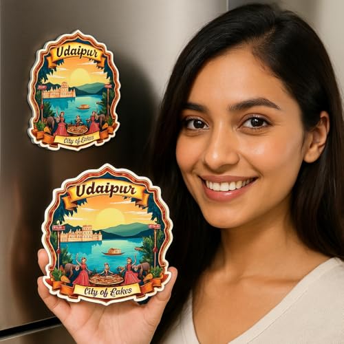 Image of Naxon Udaipur City of Lakes Fridge Magnet | Beautiful Rajasthan Travel Souvenir | Lake Pichola City Palace Jag Mandir Magnet | Home Kitchen Office Decor | 3x3 Inch Wooden Multicolor Gift | Pack of 1