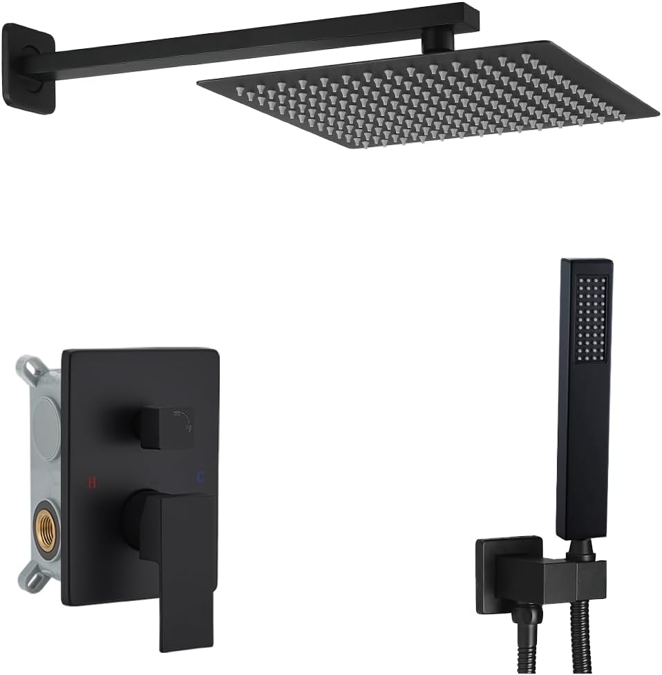 Shower Faucet Set 16 Inch Wall Mount Rain Shower System, All Metal Shower Fixtures - Matte Black 16 inch Matte Black