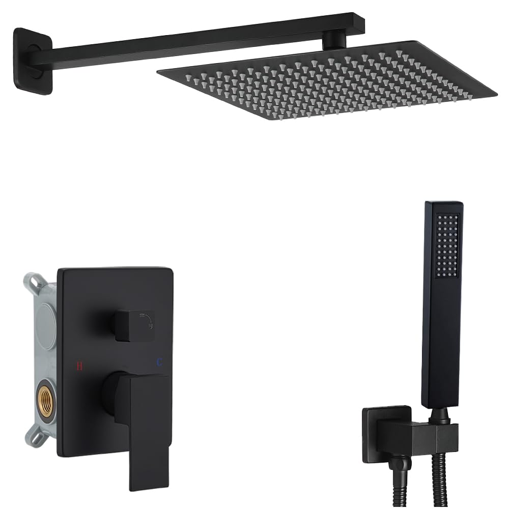 Shower Faucet Set 16 Inch Wall Mount Rain Shower System, All Metal Shower Fixtures - Matte Black