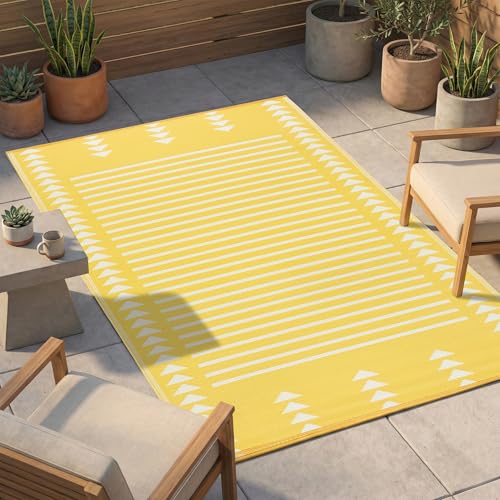 FH Home Outdoor Rug - Waterproof Fade Resistant Crease-Free - Premium Recycled Plastic - Geometric - Porch Deck Balcony Mudroom Laundry Room Patio - Hampton - Yellow Crease Free - 3 x 5 ft