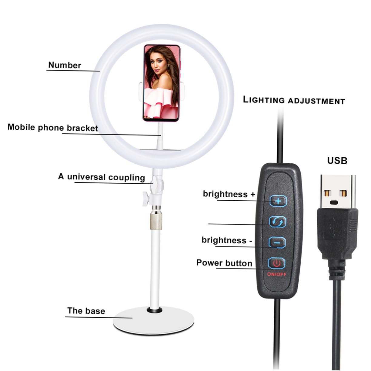 Hemobllo Luce Selfie LED Bianca per Telefono Supporto Regolabile da 10 Pollici, Braccio Rotante in Ferro e Plastica, per Make-up e Video, Cavo USB Risparmio Energetico