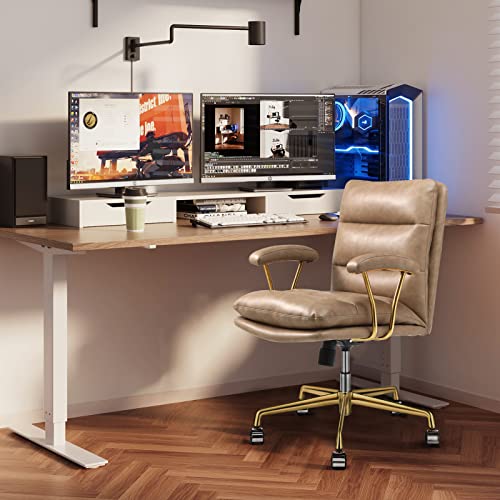 Leagoo Mid Back Home Office Desk Task Chair With Wheels And Arms Ergonomic Pu Leather Computer Rolling Swivel Chair With Padded Armrest (Khaki) #TOP5