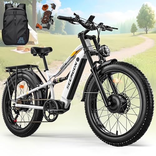 Seemoon Electric Bike for Adults, 52V 20Ah 26" Fat Tire Fast Ebike, up to 100 Miles, Hydraulic Brakes, Off-Road Mountain Hunting AWD Ebike for Men (White&Orange)