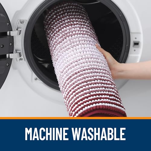 Image of OLANLY Bathroom Runner Rugs 47x24, Extra Soft Absorbent Chenille Striped Bath Rugs, Rubber Backing, Machine Wash Dry, Long Bath Mats for Bathroom, Tub, Shower, Home Decor Accessories, Burgundy