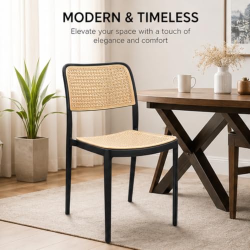 Image of NARSA Modern Rattan Style Dining Chair for Home & Cafe | Cane Pattern Plastic Chair with Ergonomic Backrest | Lightweight & Durable Indoor Outdoor Seating Chair (Black, Armless, Set of 2)