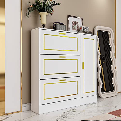 Homsee 3 Drawers Shoe Storage Cabinet with Door, 3-Tier Wood Shoe Rack Storage Organizer with Shelves for Entryway, White and Gold (47.2”L x 9.5”W x 47.2”H) Homsee 3 Drawers Shoe Storage Cabinet with Door, 3-Tier Wood Shoe Rack Storage Organizer with Shelves for Entryway, White and Gold (47.2”L x 9.5”W x 47.2”H)