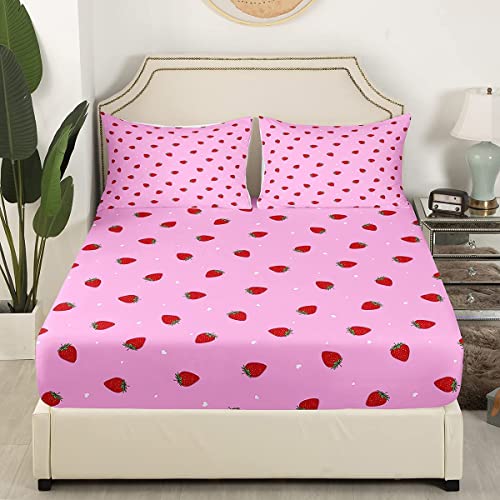 Loussiesd Kids Strawberry Bed Sheets Cute Bed Sheet Set for Boys Girls Tropical Fruit Lightweight Bedding Set Bright Pink Lovely Little Art Fitted Sheet Bedroom 2Pcs Single Size - Image 3