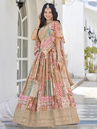 Image of Women's Digital Print With Zari Dori Embroidery Work Chinnon Silk Lehenga Choli With Dupatta (Women-Lehenga-Choli-New; Free size)