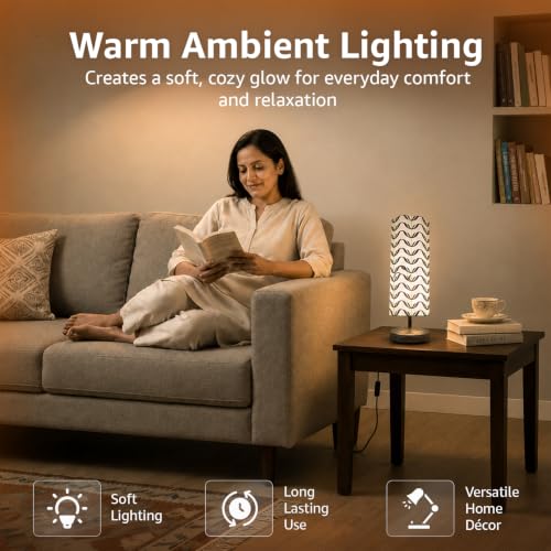 Image of Amazon Basics Tarang Wavy Table Lamp | Hand-Painted Mango Wood Base with Printed Polyester Shade | E14 Holder | Decorative Night Lamp for Bedroom, Living Room & Study Room | Home Decor Gift