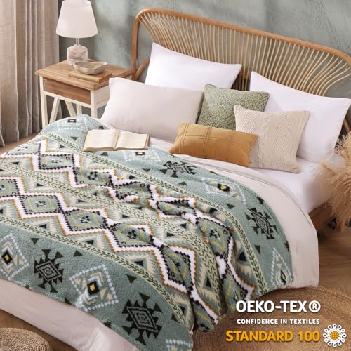 CASAAGUSTO Boho Sherpa Throw Blanket, Aztec,Ultra Soft, Warm, Cozy, Plush, Thick Fleece Throw Blanket for Couch, Bed, Sofa (Olive Green 50 * 60 Inch)
