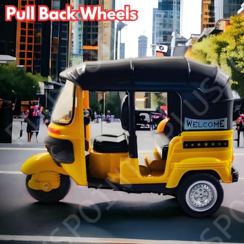Image of PLUSPOINT Auto Rickshaw Toy,with Pull Back Action City Traffic Vehicles Public Transport Toy with Light and Sound for Aged 3 4 5 6 Boys and Girls,Kids Party Favors Gifts (Yellow)