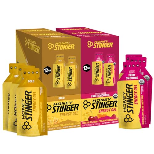 Image of Honey Stinger Energy Gel Variety Pack of 24, 12 Packs Each of Gold and Organic Fruit Smoothie, Gluten Free & Caffeine Free, Sports Nutrition for Home & Gym, Pre and Mid Workout