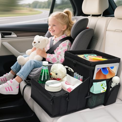 Image of Car organizer for kids ,Backseat Organizer for Kids and Passenger Seat Organizer for Adults ,Car Seat Cooler and Warmer with Cup Holders and Convertible Tray Lid(Black)