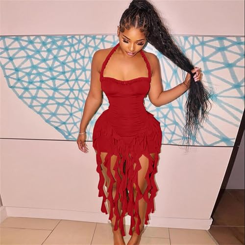 Image of Women's Summer Mini Dress Sexy Halter Backless Ruffle Fringe Bodycon Short Dress Cocktail Party Beach Vacation Sundress