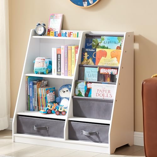 Image of GABHX Kids Bookshelf with Storage Drawers and Layer Sling Bookcase, 4 Tier Toddlers Book and Toy Organizer and Dispaly Cabinet for Playroom, Kids Room, Classroom, Nursery (White)