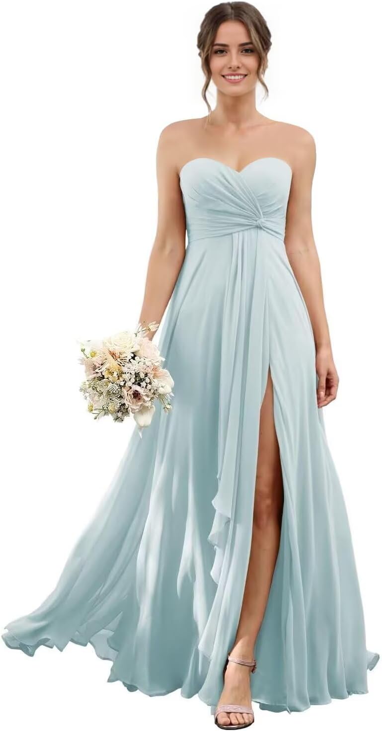 Sweetheart Chiffon Bridesmaid Dresses with Slit Long Pleated Prom Dress Strapless Formal Party Gowns