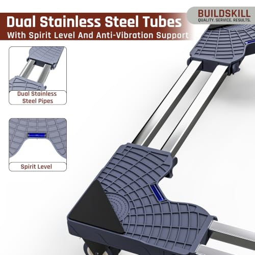 Image of BUILDSKILL Rust-Proof Dual Stainless Steel Tube Washing Machine Stand | 200kg Capacity | Adjustable Size | 360 Locking Wheels | Anti-Skid | Fits Top /Front Load, Fridge & Dishwasher