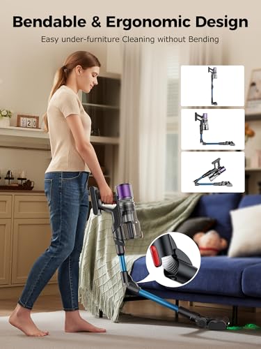 Proscenic Cordless Vacuum Cleaner, 45Kpa 55Mins Runtime, 180°Bendable Wand, Vacuum Cleaners for Home with Green Light, Anti-Tangle Brush, Rechargeable Lightweight Stick Vacuum for Pet Hair, P16(Blue)