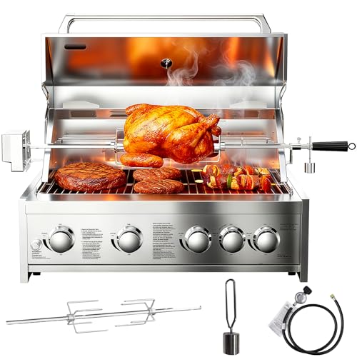 BODEGA 30 Inch Stainless Steel Propane Gas Grill, 5-Burner Outdoor Gas Grill, LPG/NG Convertible, 58000-BTU Backyard BBQ Grill for Kitchen, Built-in Thermometer & BBQ Fork Kit,Camping,Outdoor Cooking.