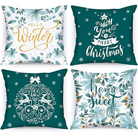 Lanpn Hello Winter Merry Christmas Cushion Covers 45x45 Set of 4, Decorative Teal Xmas Throw Covers Pillow Cases 18x18 for Home Bedroom Room Holiday Couch Decor Decorations Cover