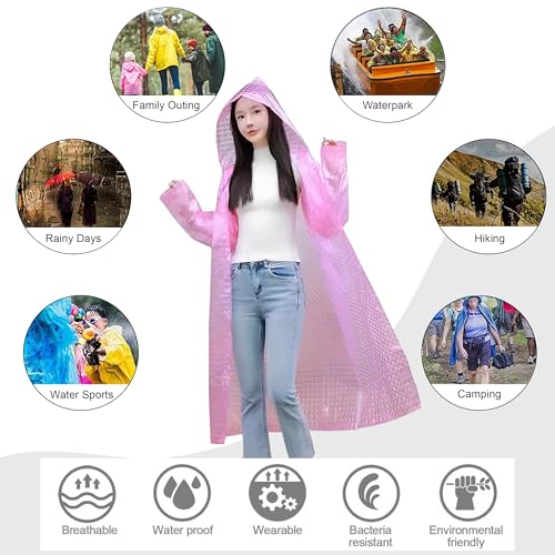 Image of HACER Hooded Raincoat for Women EVA Waterproof Full Length Long Sleeves Lightweight Rainwear with Hood for Adults Camping Hiking Trekking (Pack of 1, Pink, Free Size)