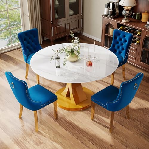 Image of 5-Piece Dining Table Set with 47In Faux Marble Table and 4 Velvet Upholstered Chairs, Modern Scandinavian Furniture for Dining Room Kitchen(Blue&Gold)