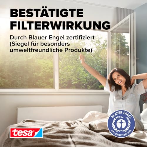 tesa Pollenschutzgitter - zuschneidbarer, transparenter Pollenschutz für Allergiker - für nach innen öffnende Fenster - inkl. Selbstklebendem Klettband - Anthrazit - 130 cm x 150 cm