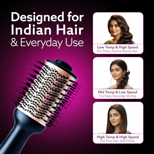 Image of AGARO HV2179 Hot Air Brush for Hair, Blow Dryer Brush, Volumizer & Styler, 360 Airflow Vent, Oval Barrel for Hair Volume, Charcoal Bristles, Ceramic Coating Brushing Head, 1200W, Gold & Black